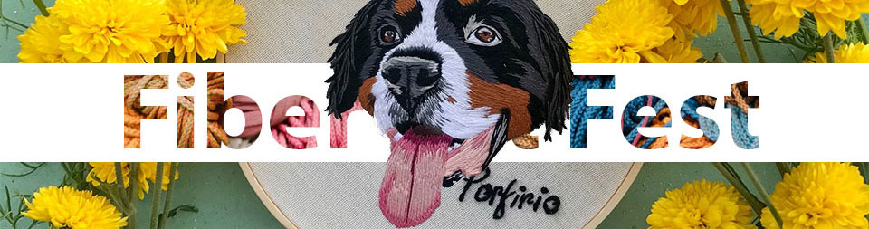 Fiber Art Fest logo with embroidered puppy